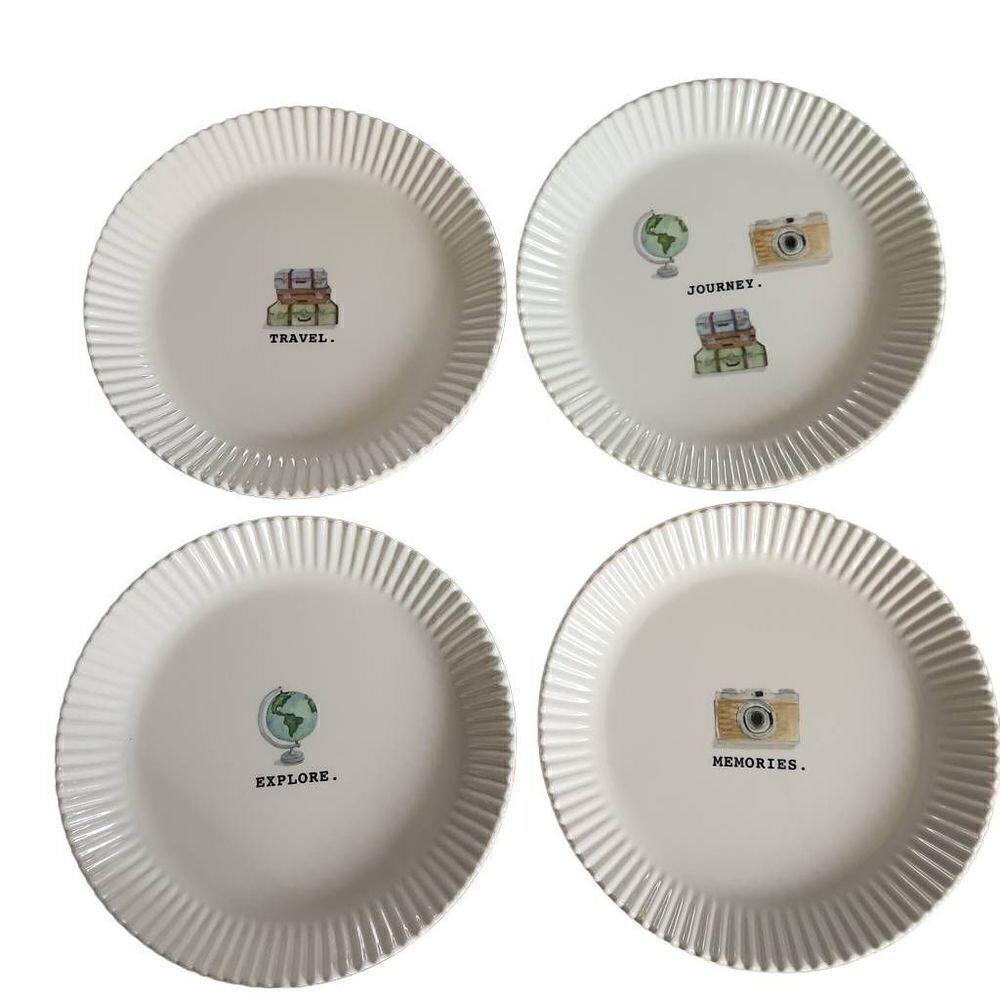 Rae Dunn Set of 4 Travel Explore Journey Memories Fluted Melamine Plates